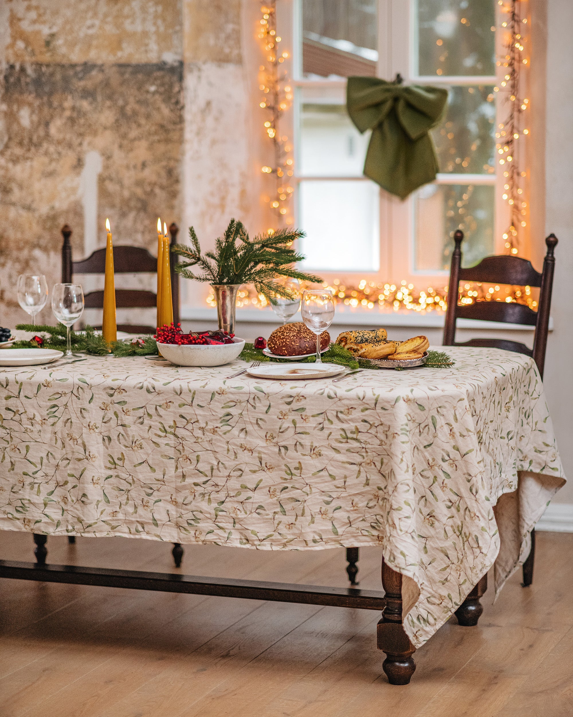Fennco Styles Embroidered Christmas Tablecloth - Linen Blend, Ornament Design, 67 X 140 Inches, Natural