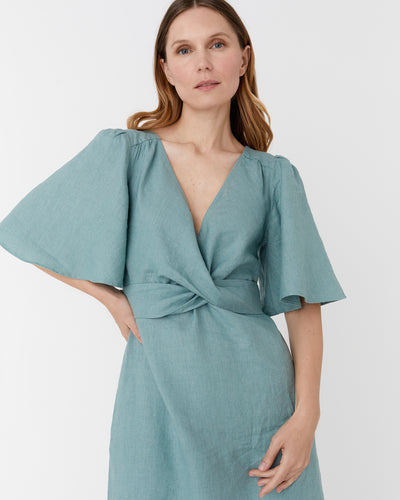 Maxi linen dress AGRA in Teal blue - MagicLinen modelBoxOn