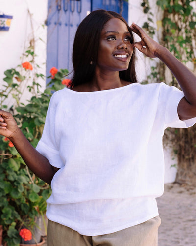 Short-sleeved linen top AMED in White - MagicLinen