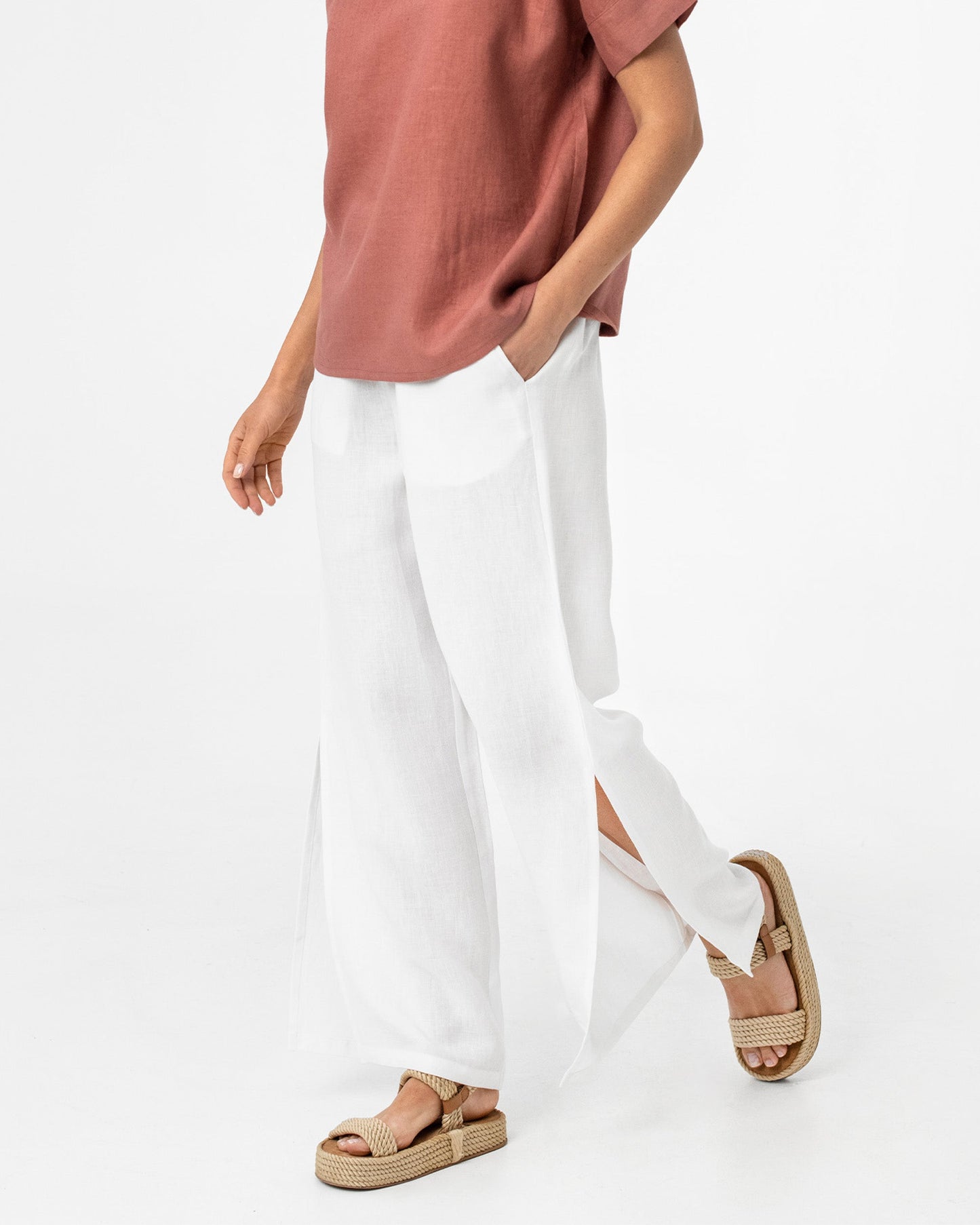 Side slit linen pants DALAT in White - MagicLinen
