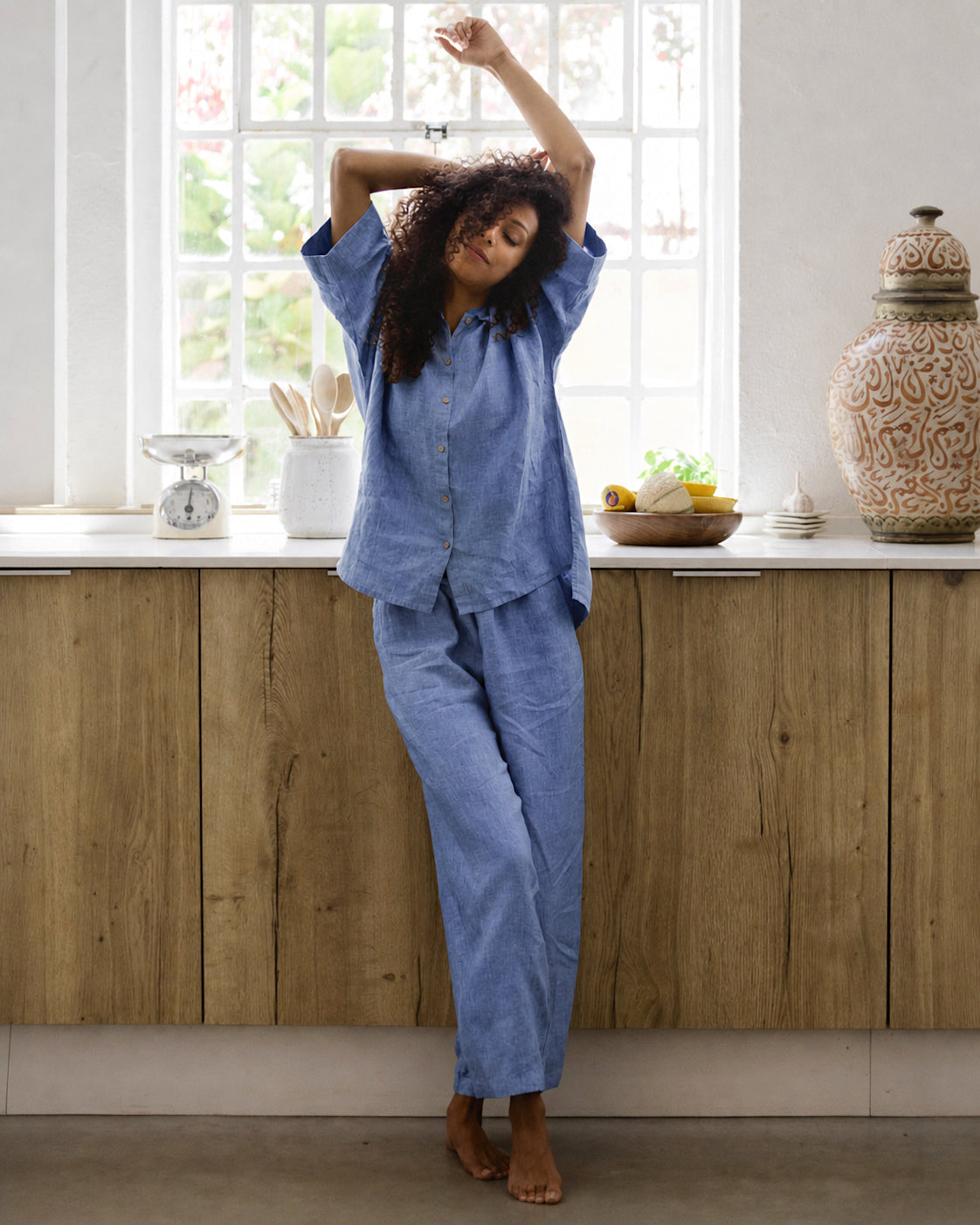 Linen pajama set AVEIRA in Denim chambray