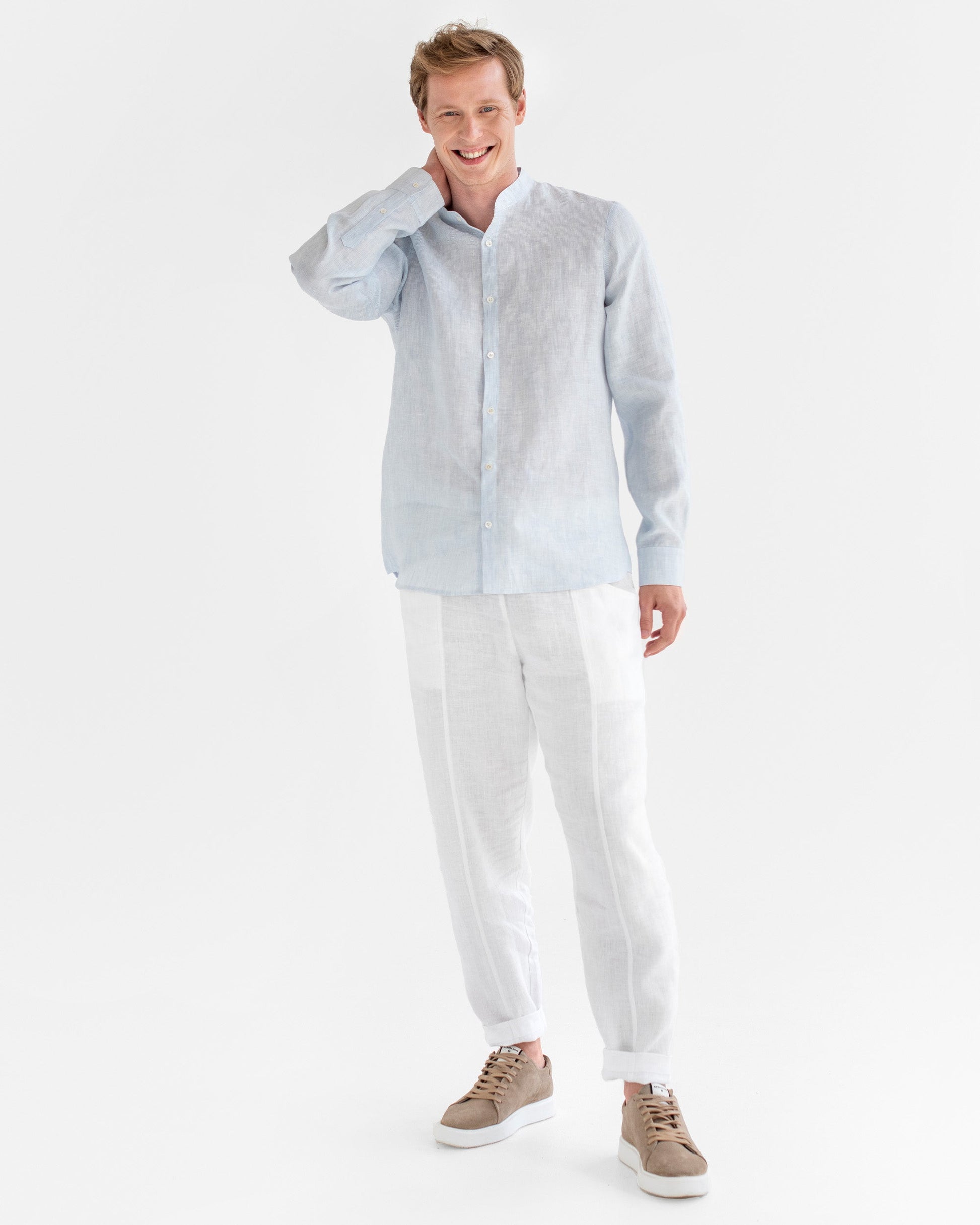 Men's linen band collar shirt BONAIRE in Pinstripe blue - MagicLinen