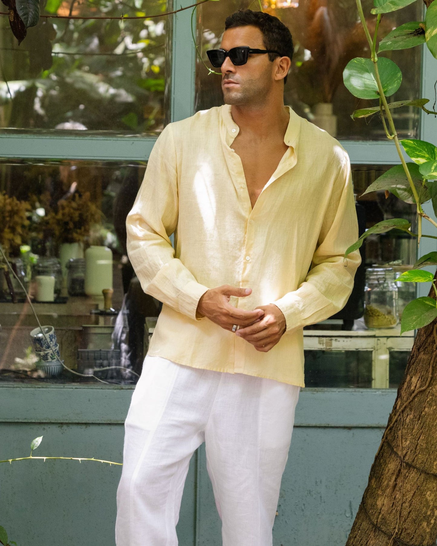 Men's linen band collar shirt BONAIRE in Cream - MagicLinen
