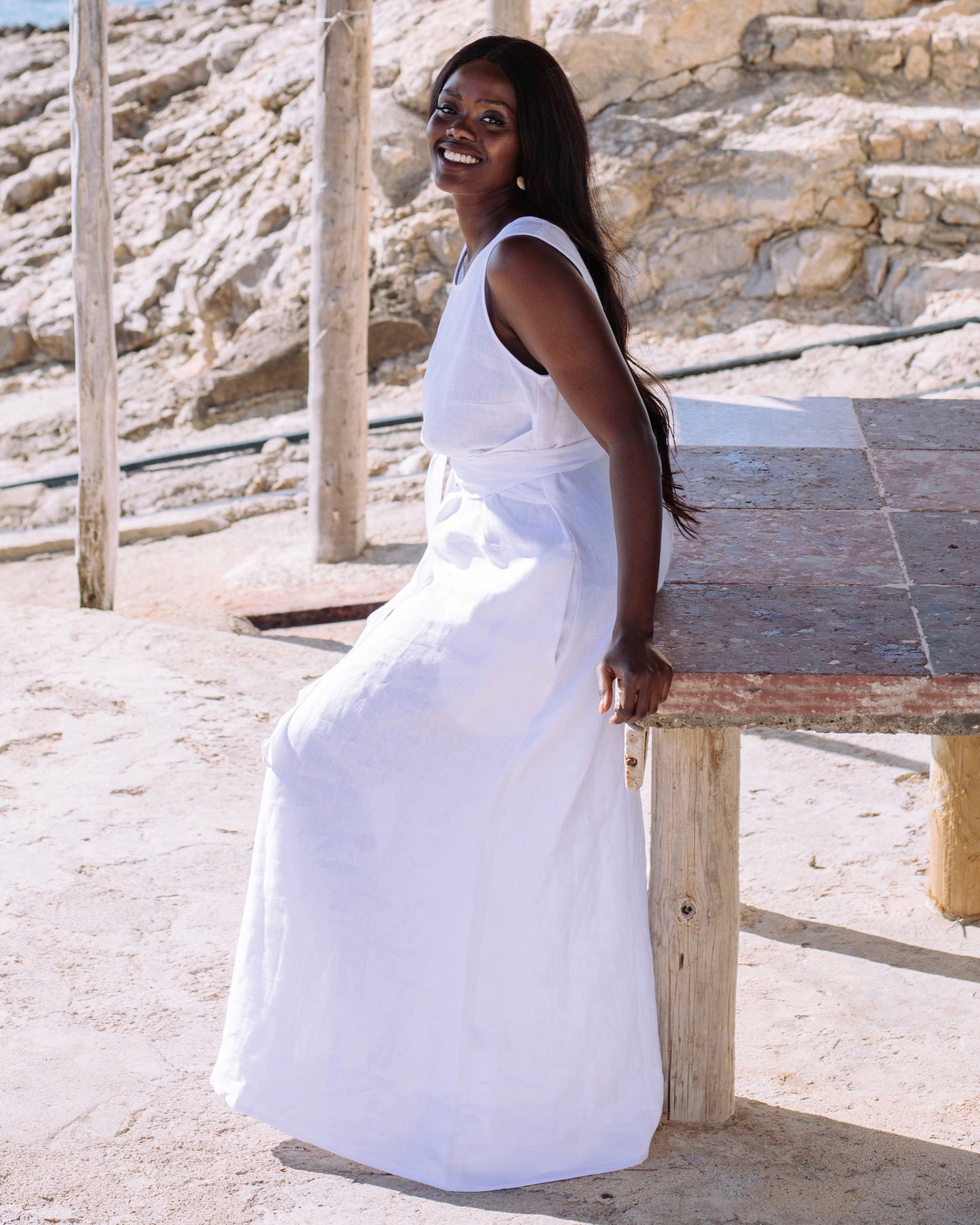 Long linen dress BORACAY in White - MagicLinen