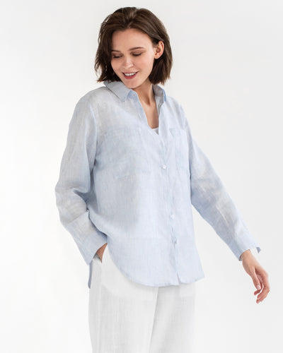 Long-sleeved linen shirt CALPE in Pinstripe blue - MagicLinen