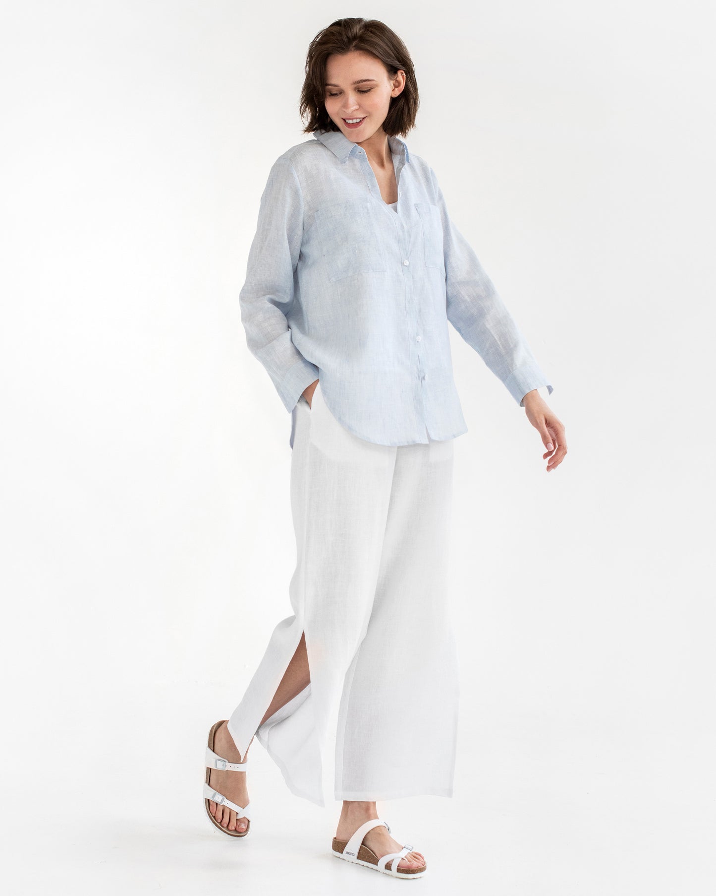 Long-sleeved linen shirt CALPE in Pinstripe blue - MagicLinen