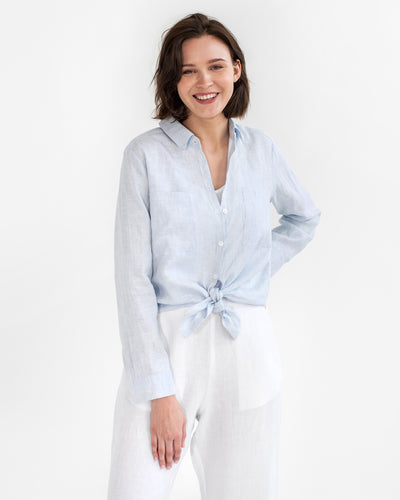 Long-sleeved linen shirt CALPE in Pinstripe blue - MagicLinen