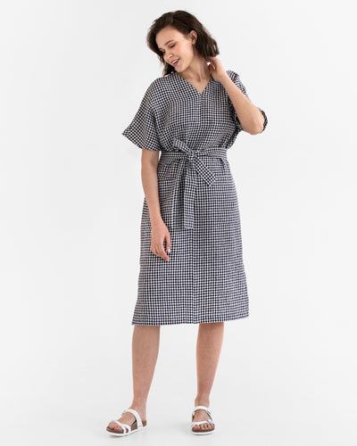 V-neck linen dress CHANIA in Black gingham - MagicLinen