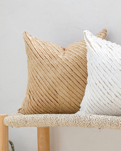 Decorative linen pillow cover with striped fabric in Sandy beige & Cinnamon - MagicLinen