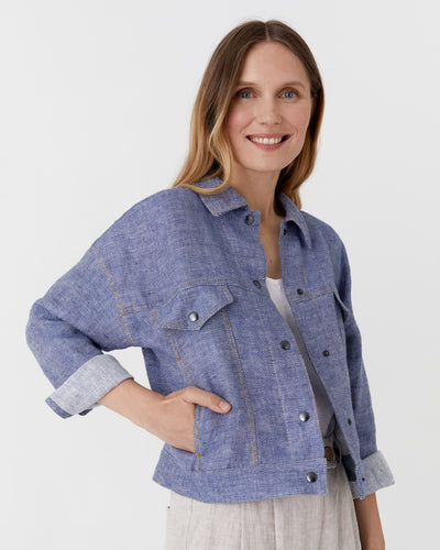 Cropped linen jacket LEURA in Denim - MagicLinen modelBoxOn