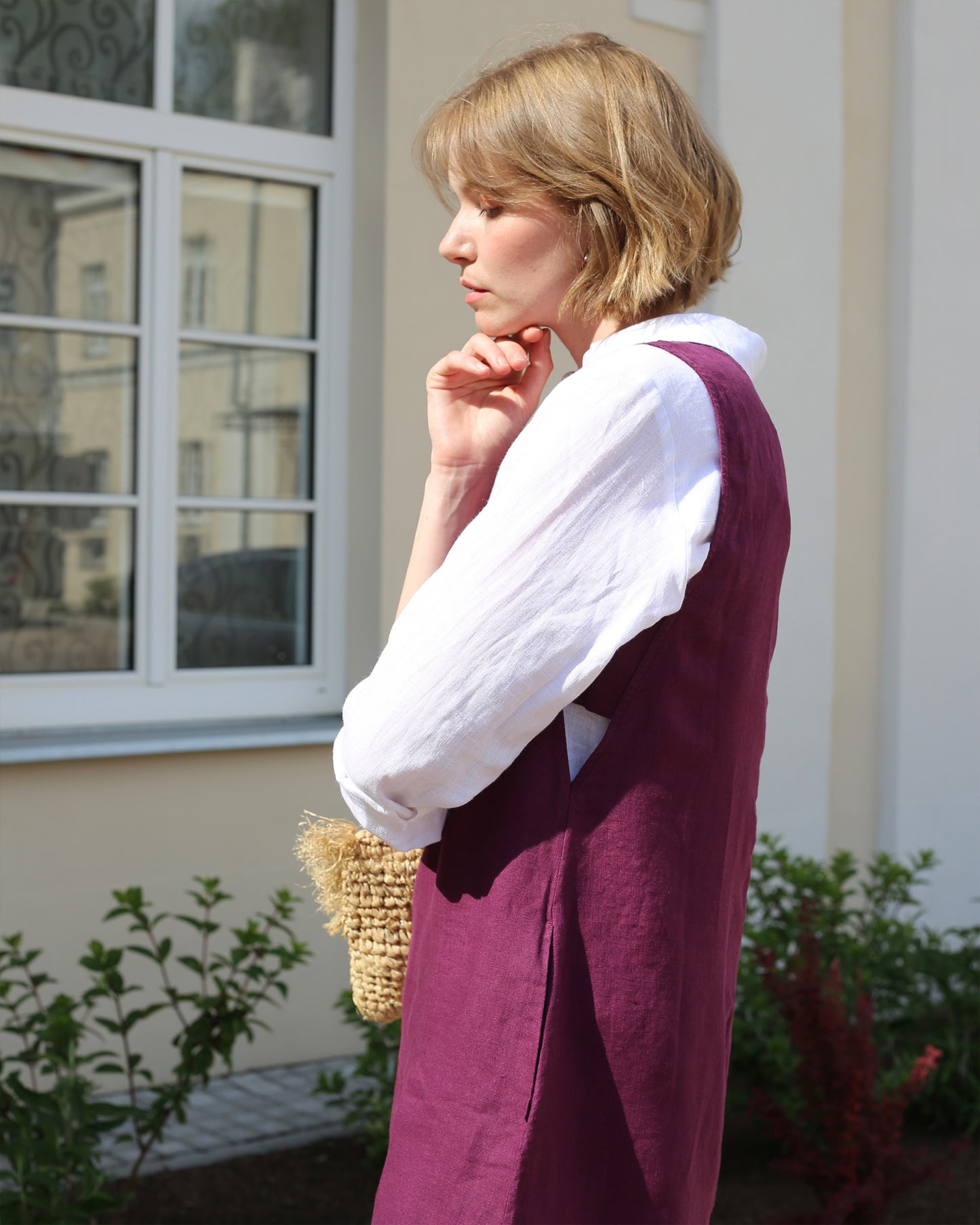 Midi linen dress MANHATTAN in Royal purple - MagicLinen