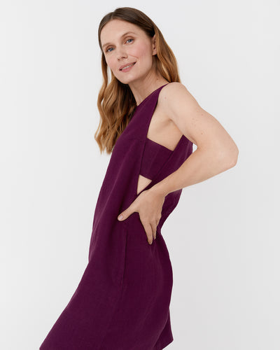 Midi linen dress MANHATTAN in Royal purple - MagicLinen modelBoxOn