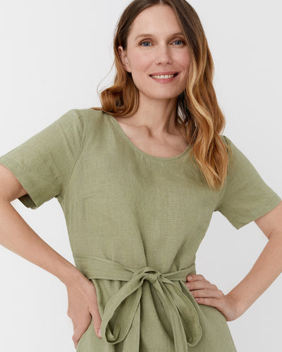 Midi wrap linen dress MANILA in Sage - MagicLinen modelBoxOn