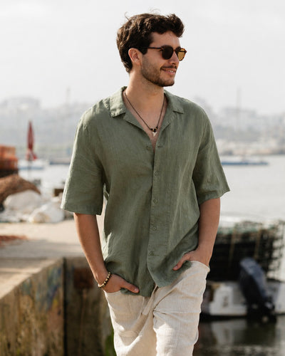 MagicLinen Mist green Men’s Short Sleeves Linen Shirt KEY WEST, 100% European flax linen modelBoxOn2