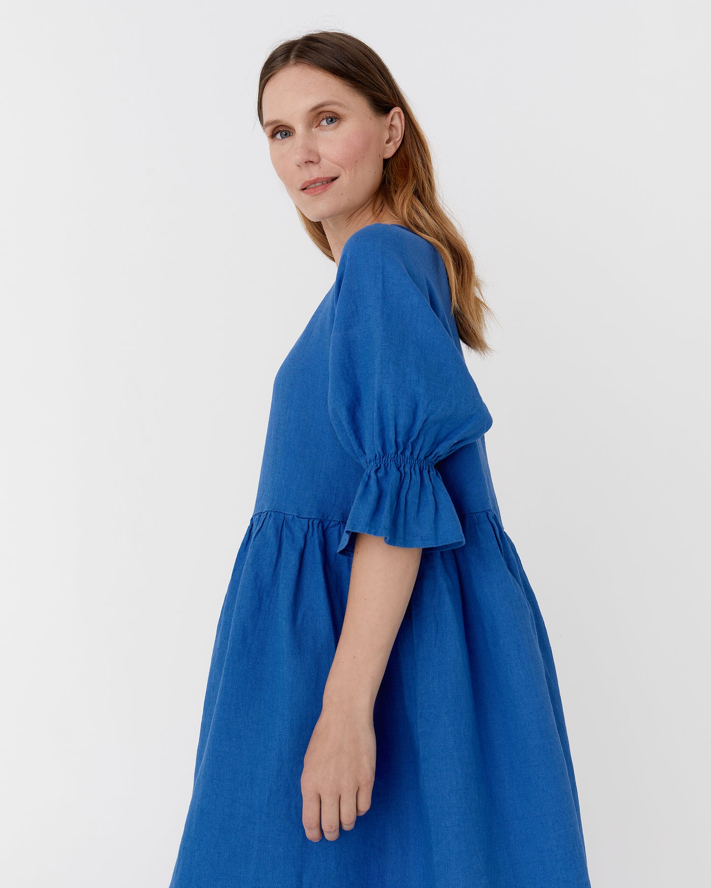 Voluminous linen dress NERJA in Cobalt blue - MagicLinen