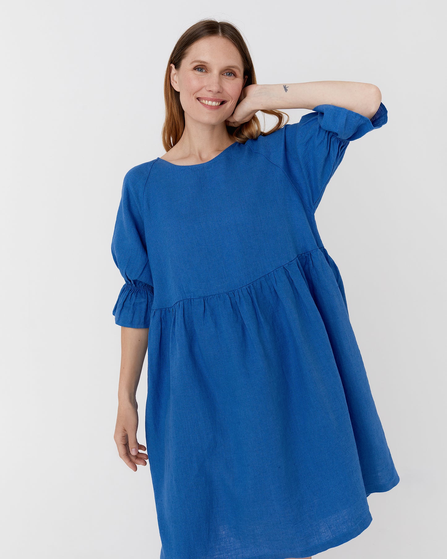 Voluminous linen dress NERJA in Cobalt blue - MagicLinen