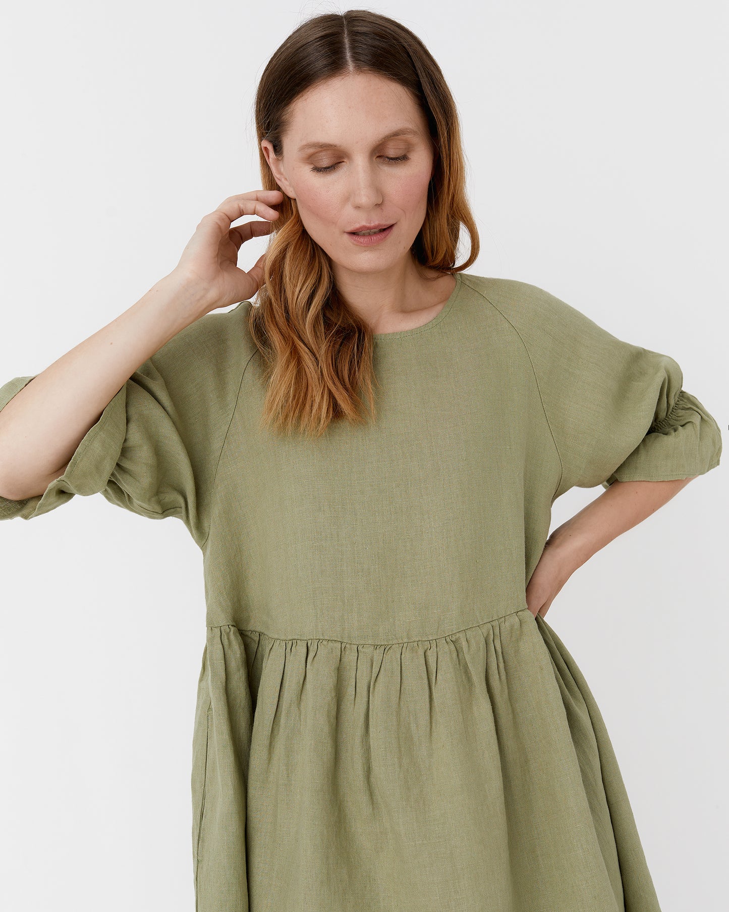 Voluminous linen dress NERJA in Sage - MagicLinen