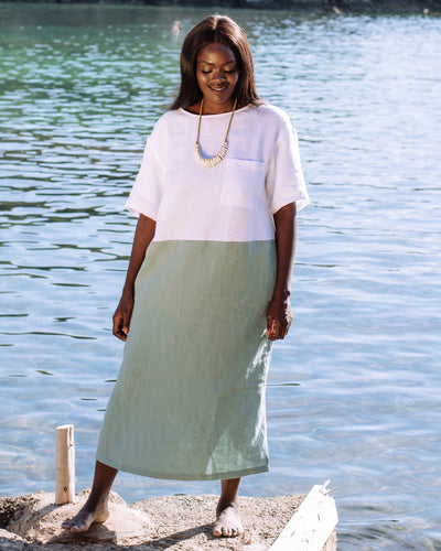 Color-block linen dress PALAWAN in Teal blue - MagicLinen
