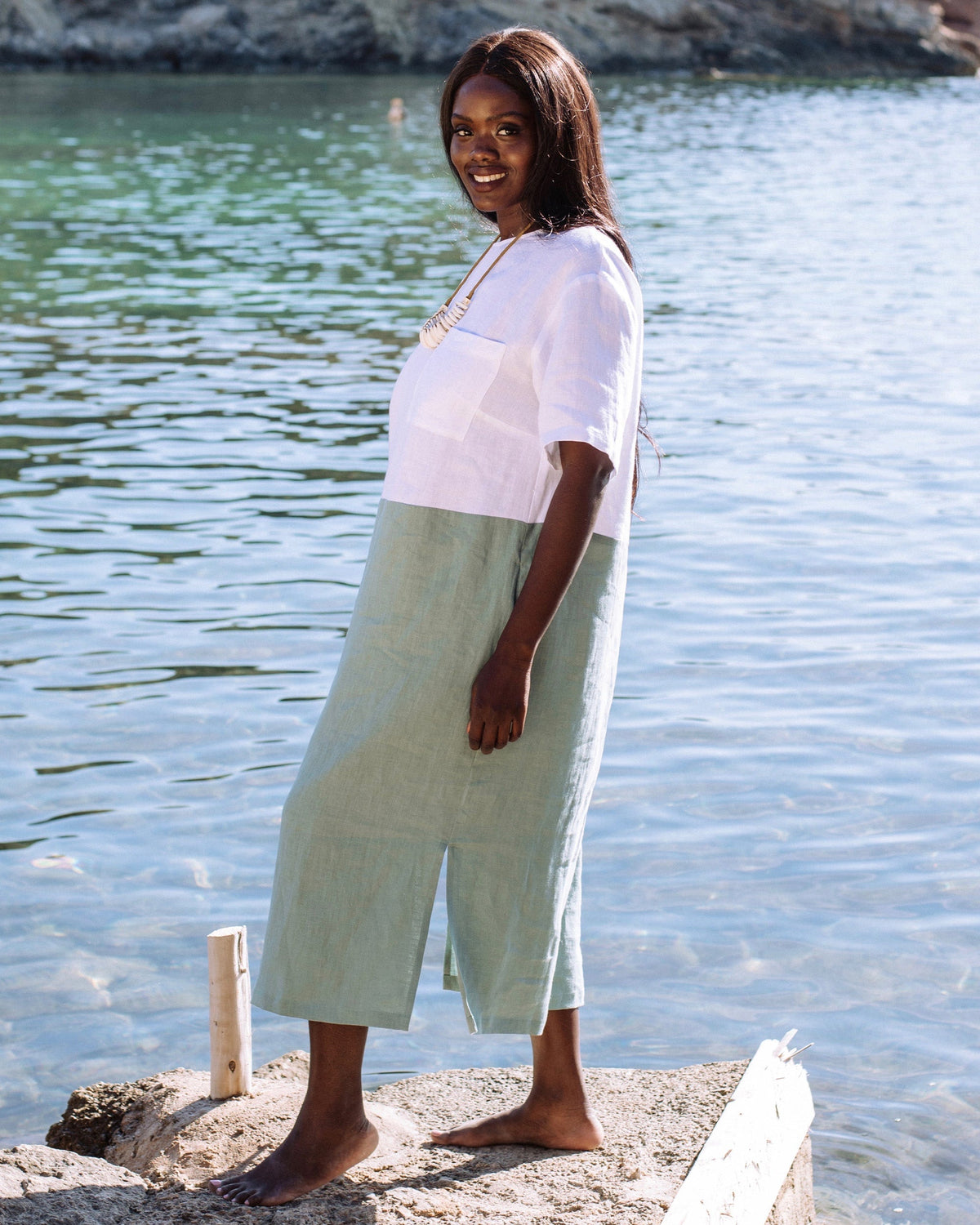 Color-block linen dress PALAWAN in Teal blue - MagicLinen