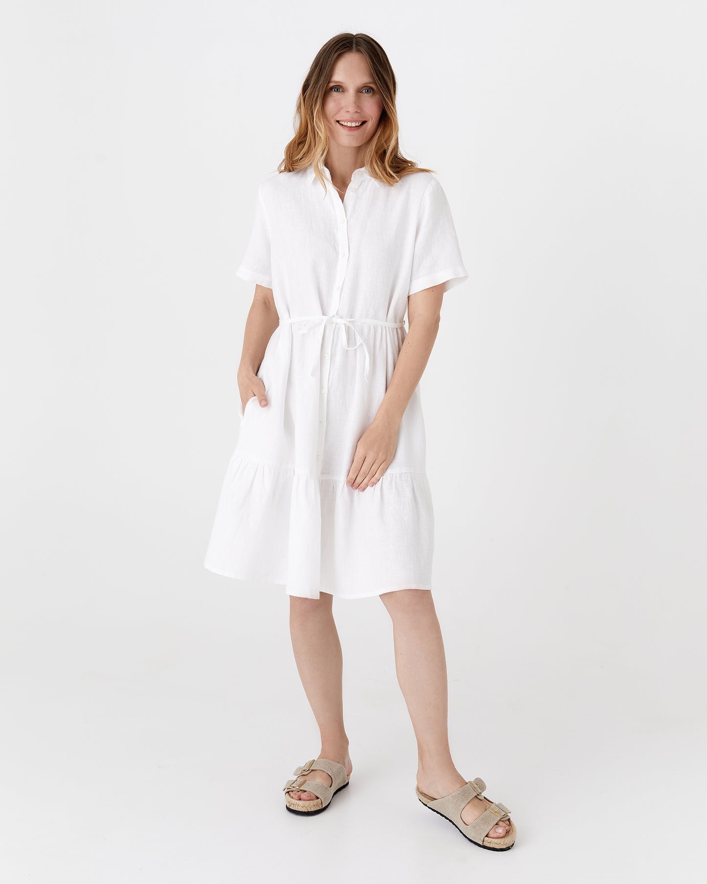 Tiered linen dress PETRA in White - MagicLinen modelBoxOn