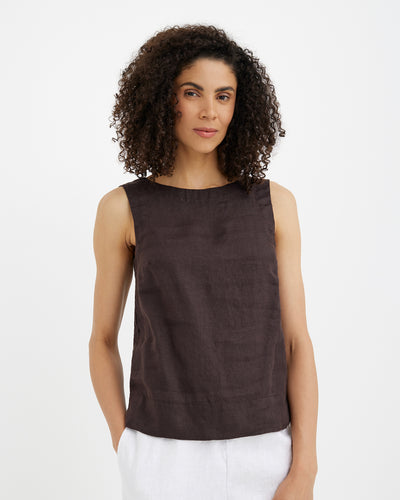 MagicLinen Espresso brown sleeveless linen top GENEVA made from European flax modelBoxOn
