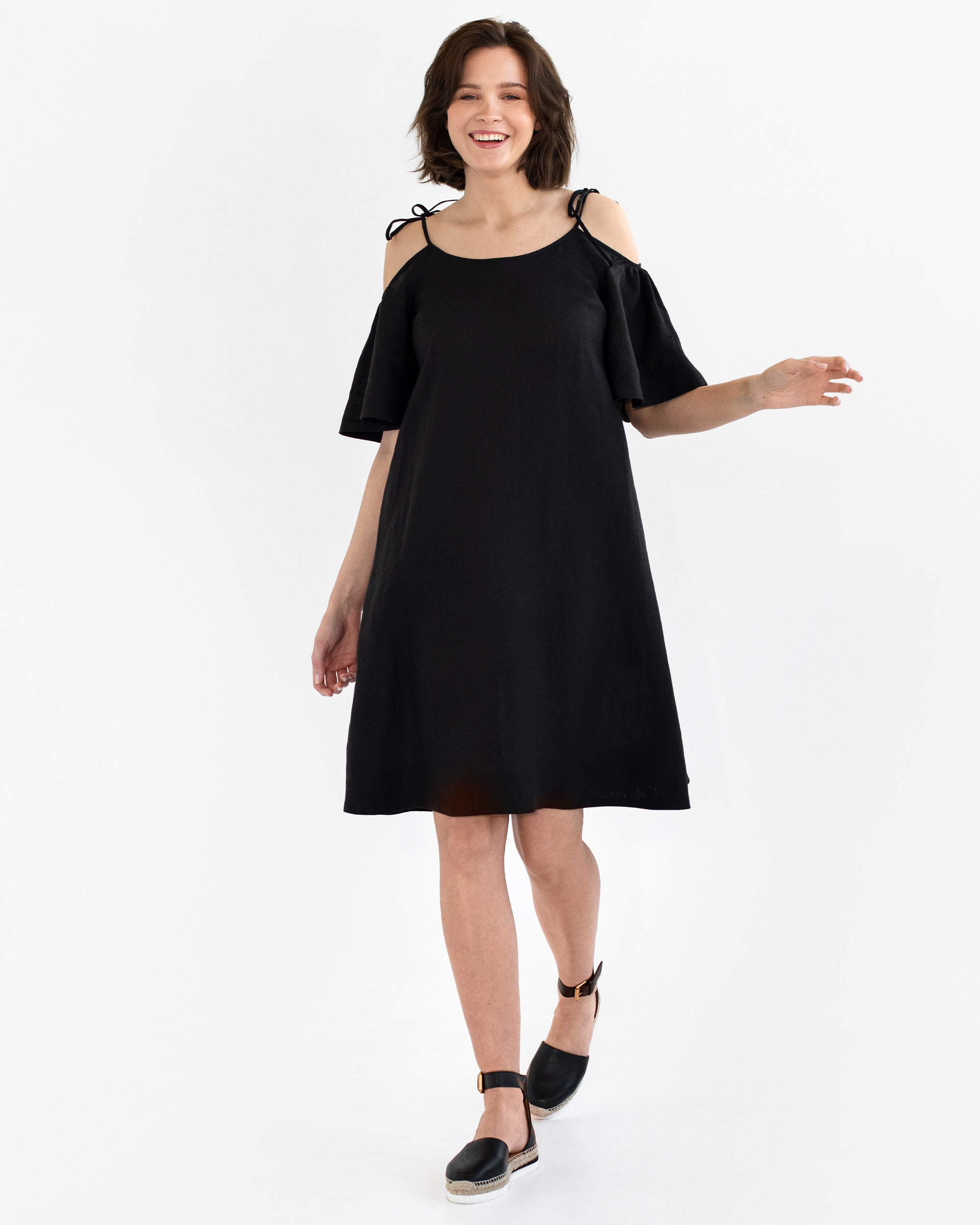 Midi Cold Shoulder Linen Dress THASSOS in Black | MagicLinen S Midi Cold Shoulder Linen Dress THASSOS in Black | MagicLinen S