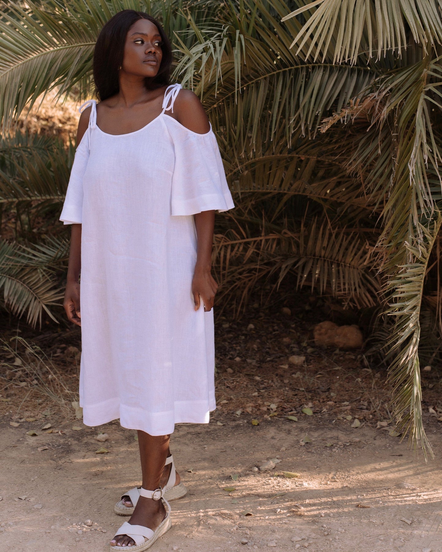 Midi cold shoulder linen dress THASSOS in White - MagicLinen