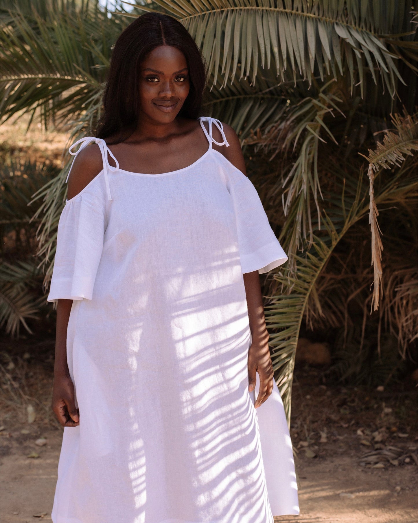 Midi cold shoulder linen dress THASSOS in White - MagicLinen