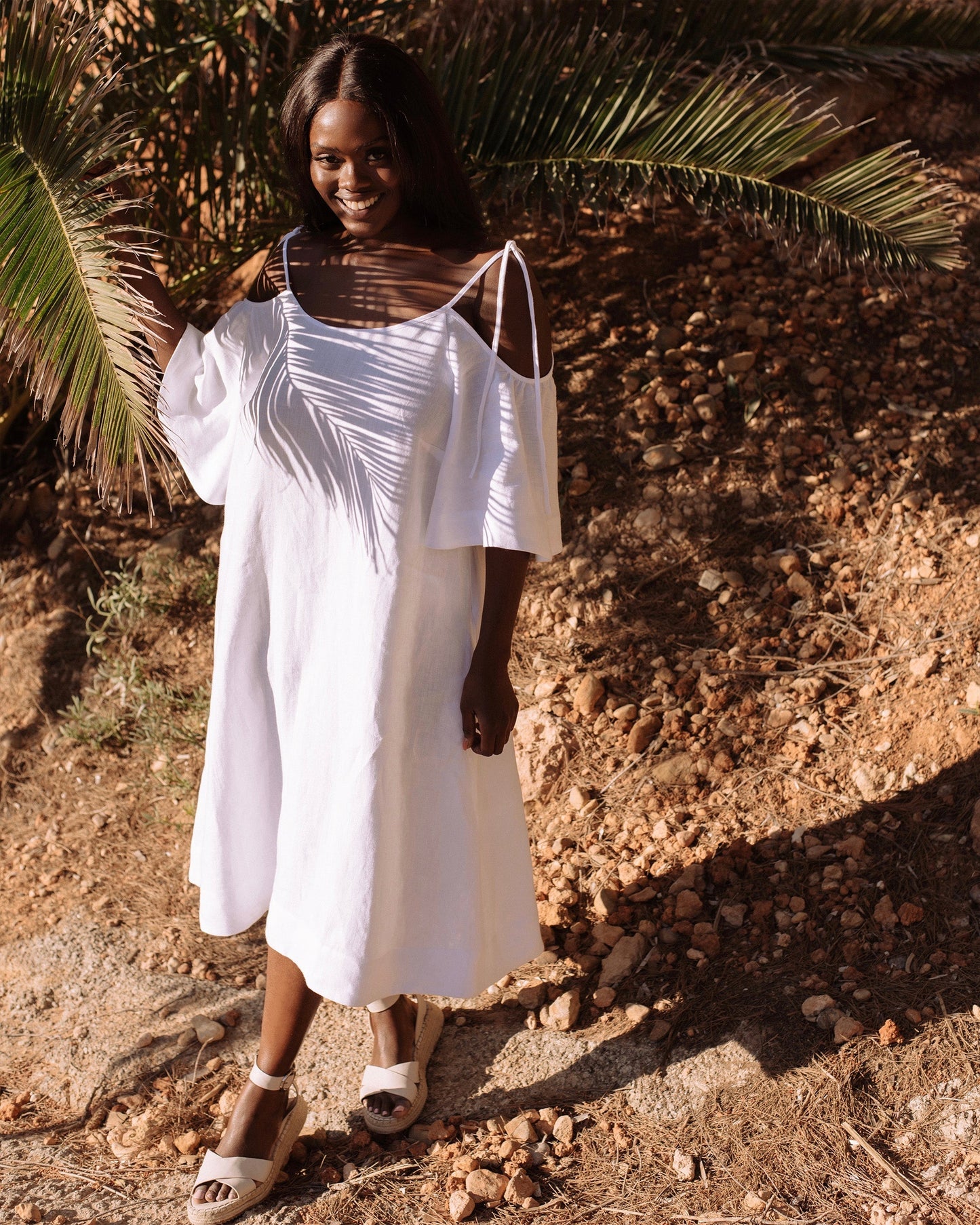 Midi cold shoulder linen dress THASSOS in White - MagicLinen