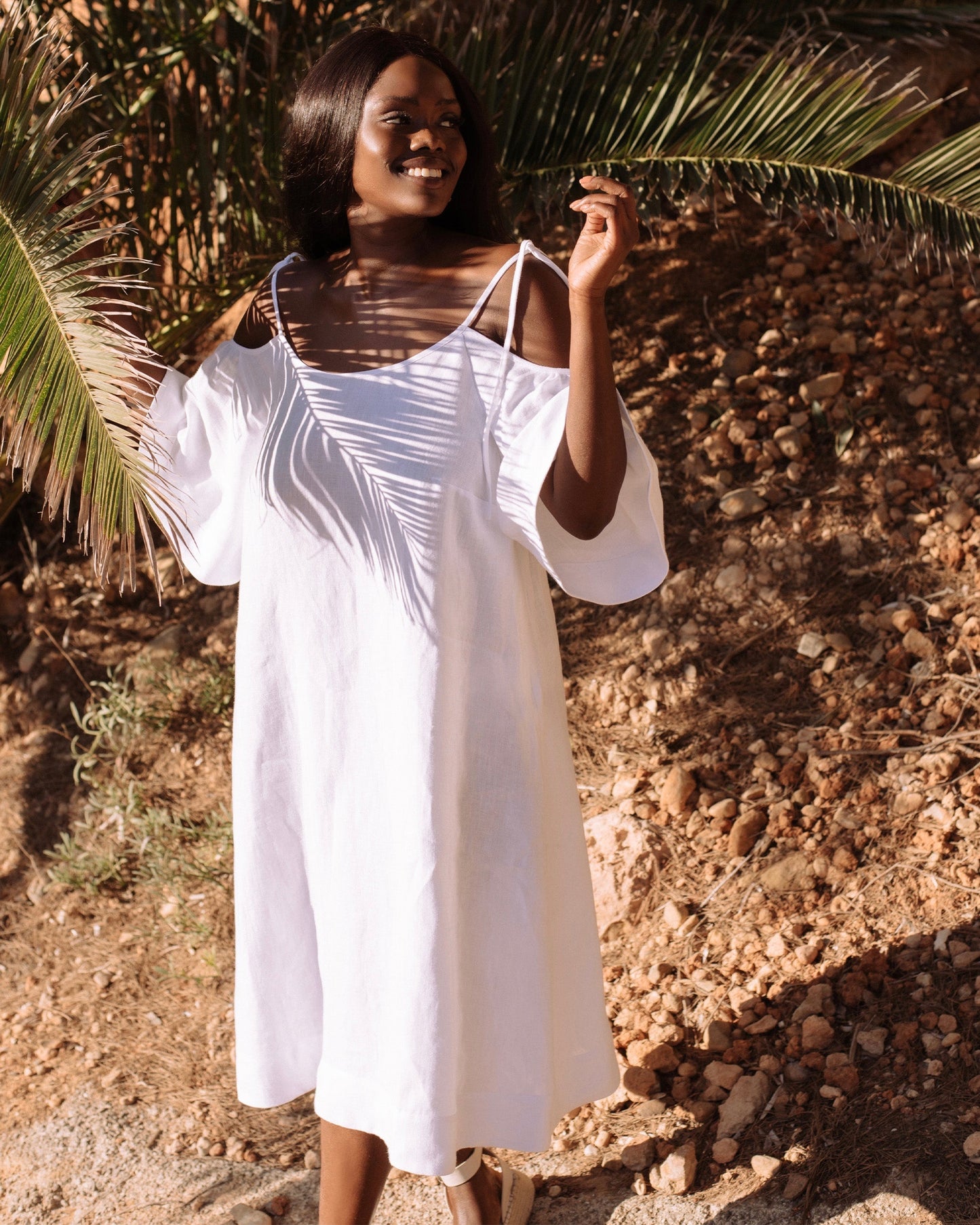 Midi cold shoulder linen dress THASSOS in White - MagicLinen