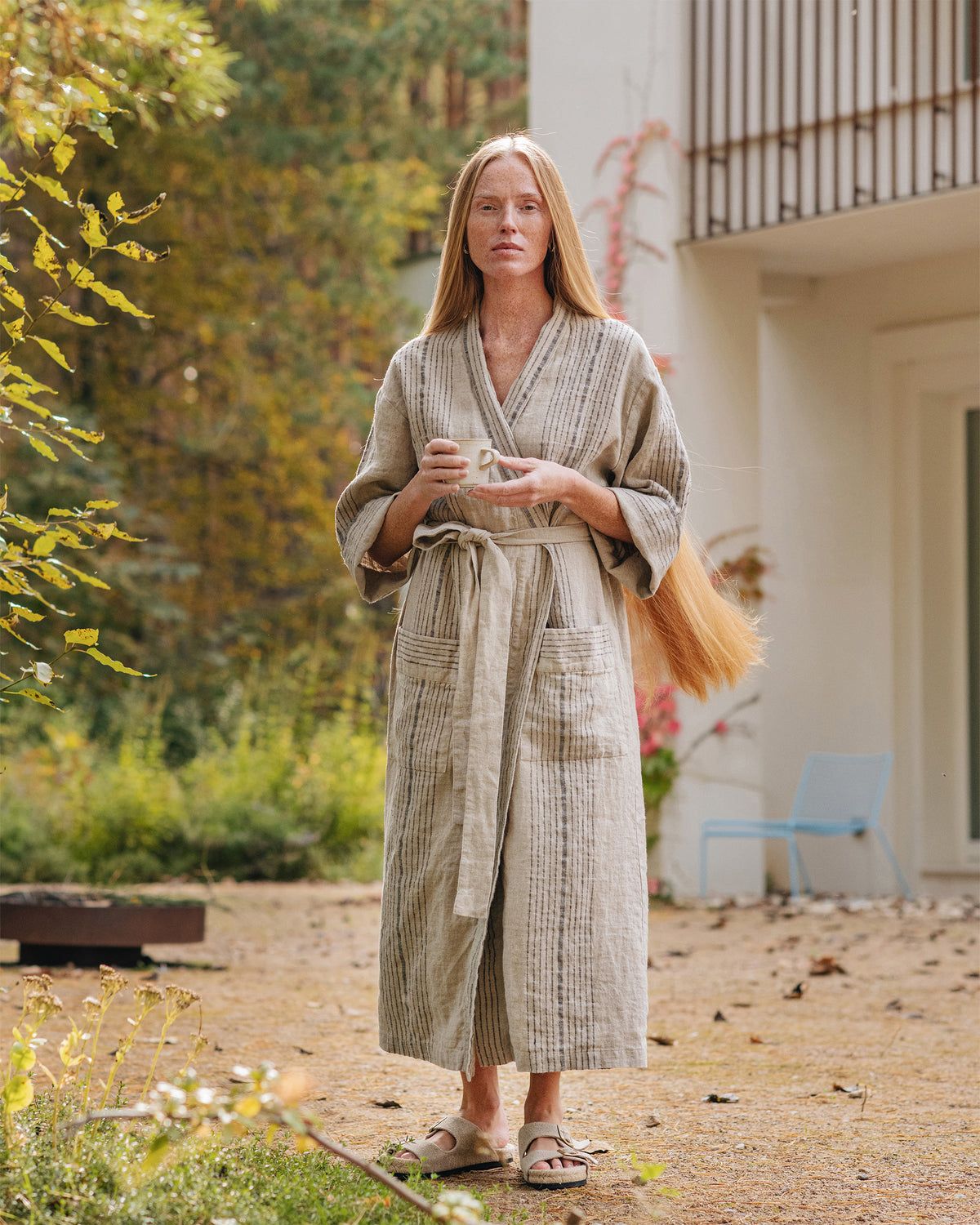 Linen kimono robe in Artisan stripe
