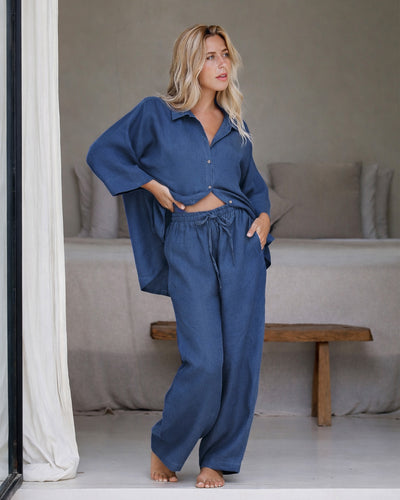 Linen pajama set AVEIRA in Deep navy blue | MagicLinen