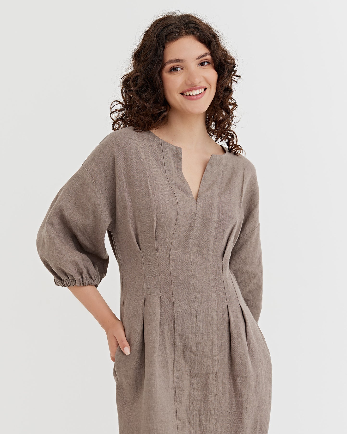 Balloon Sleeve Linen Dress BORNEO in Deep taupe | MagicLinen