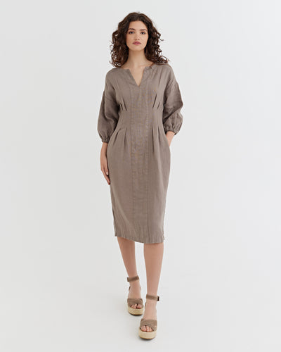 Balloon Sleeve Linen Dress BORNEO in Deep taupe | MagicLinen modelBoxOn