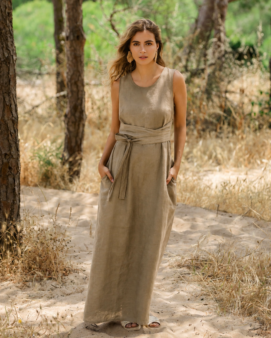 Long linen dress BORACAY in Dried moss
