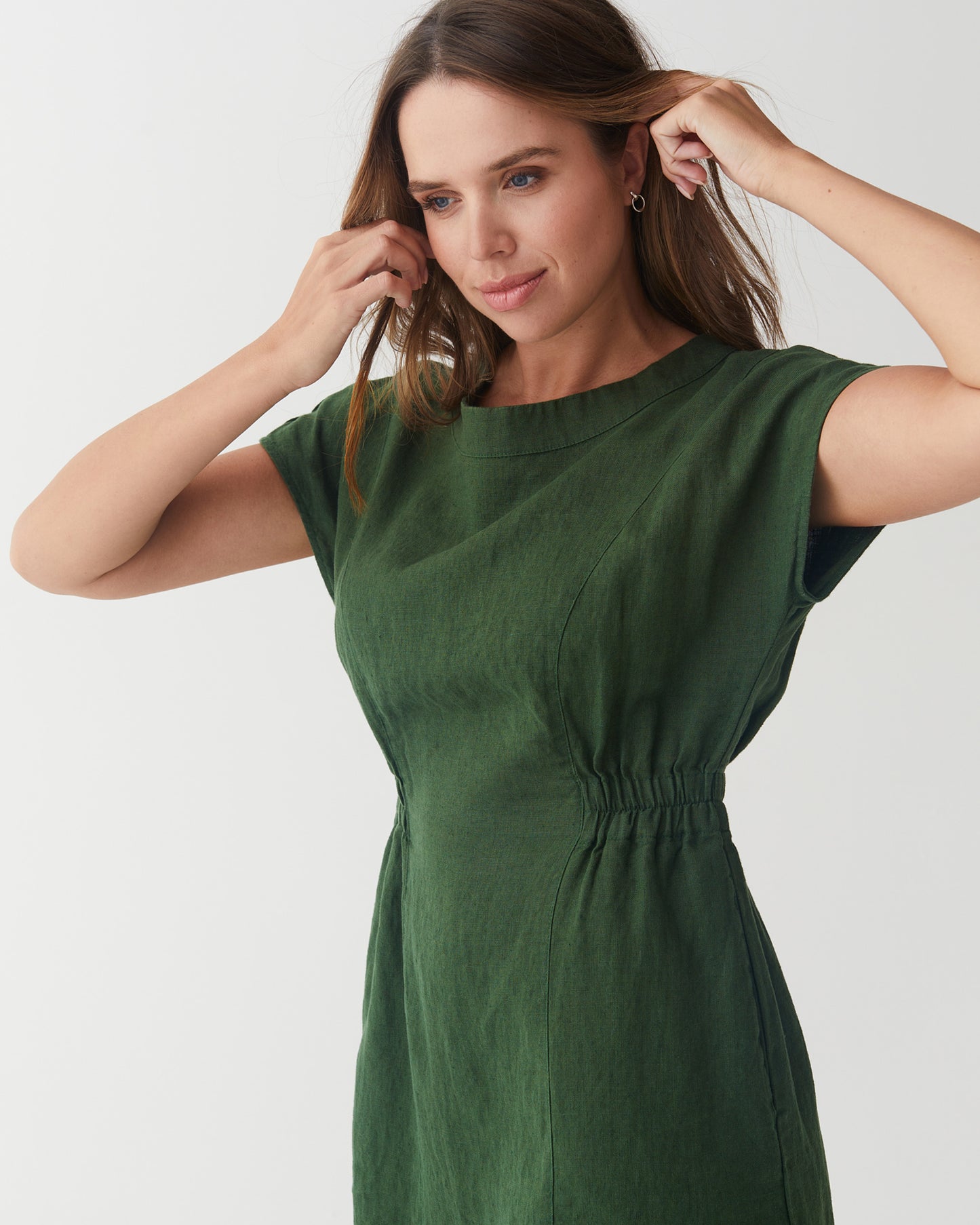 Cap Sleeve Linen Dress SAGUARO in Deep green | MagicLinen