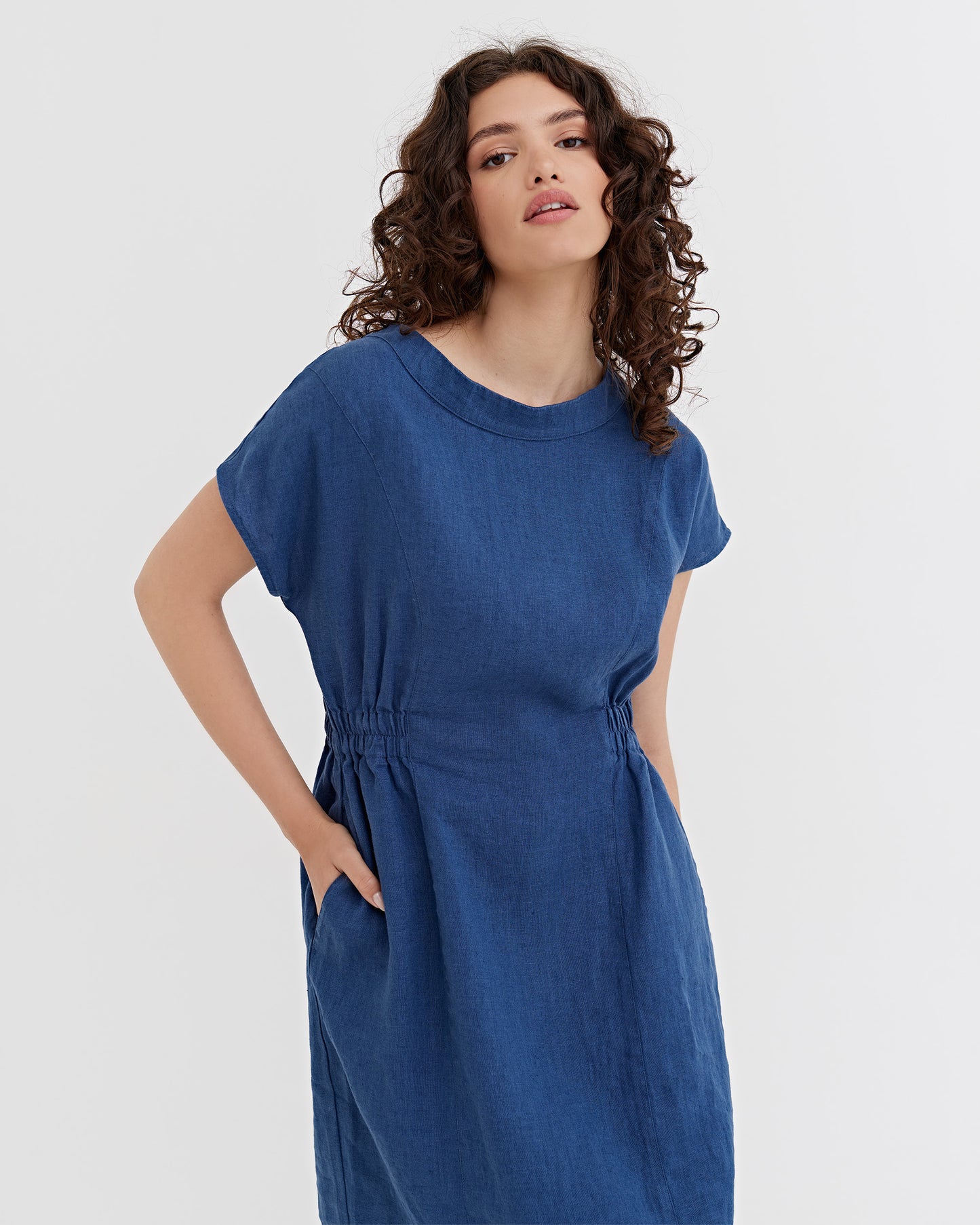 Cap Sleeve Linen Dress SAGUARO in Deep navy blue | MagicLinen