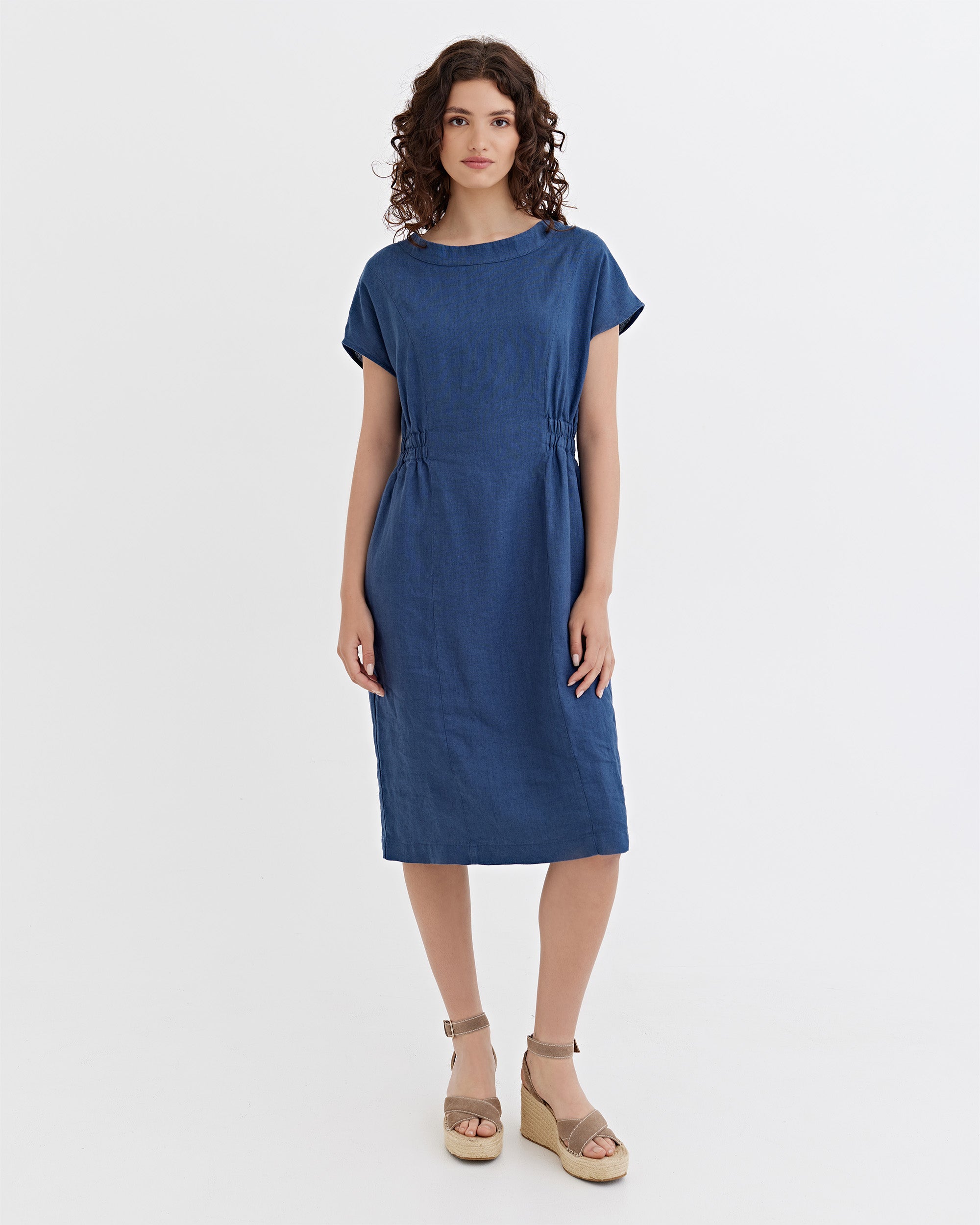 Cap Sleeve Linen Dress Saguaro in Deep Navy Blue