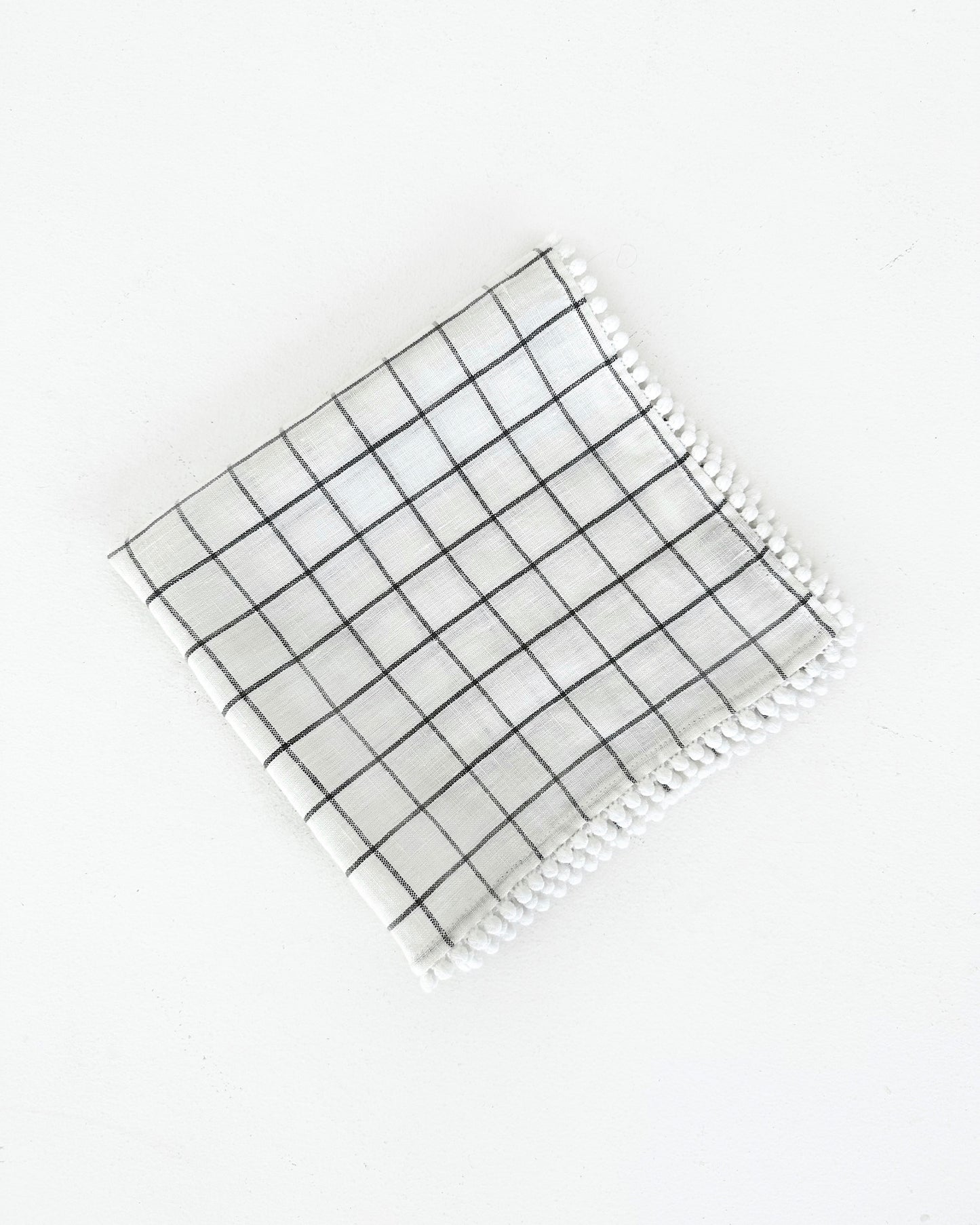 Pom pom trim linen napkin set of 2 in Charcoal grid