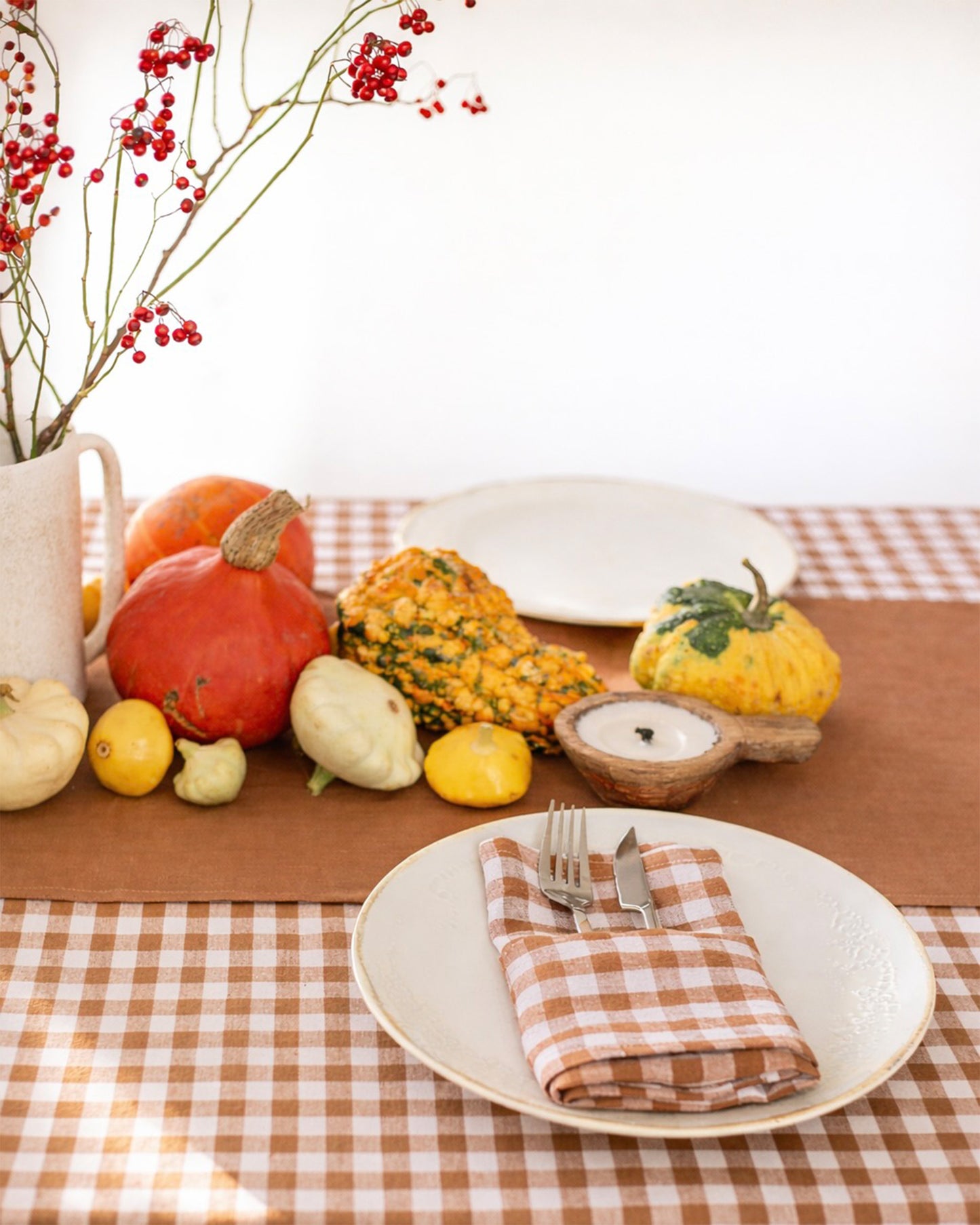 Zimtfarbenes Gingham-Leinenservietten-Set, 2 Stück