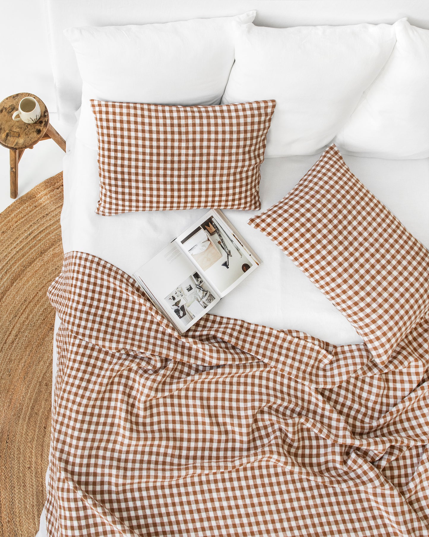 Cinnamon gingham linen flat sheet | MagicLinen