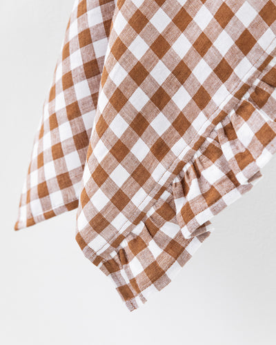 Ruffle trim linen tea towel in Cinnamon gingham - MagicLinen