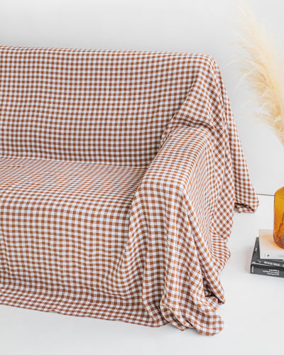Linen couch cover in Cinnamon gingham - MagicLinen
