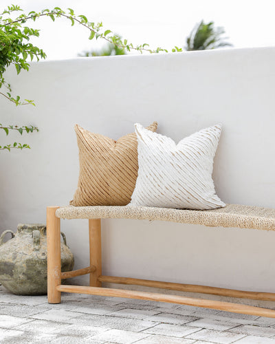 Decorative linen pillow cover with striped fabric in White & Sandy beige - MagicLinen