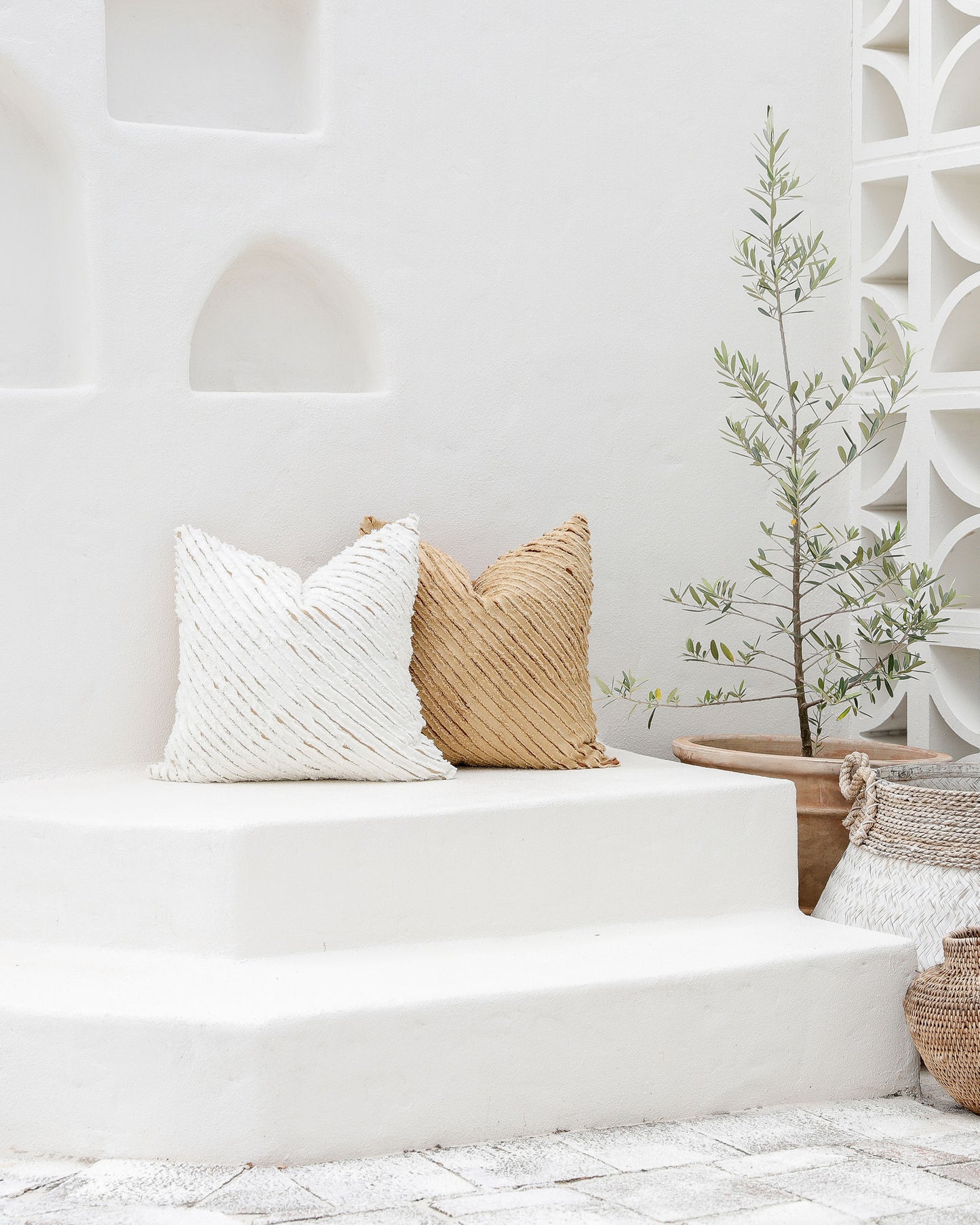 Decorative linen pillow cover with striped fabric in Sandy beige & Cinnamon - MagicLinen