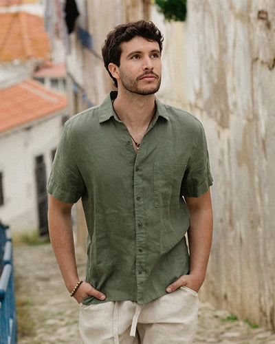 MagicLinen Mist green Men’s Short Sleeves Linen Shirt DENVER, 100% European flax linen 160 gsm plain weave modelBoxOn2