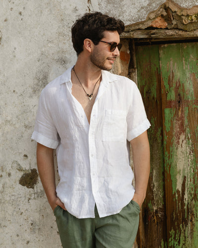 MagicLinen White Men’s Short Sleeves Linen Shirt DENVER, 100% European flax linen 160 gsm plain weave modelBoxOn2