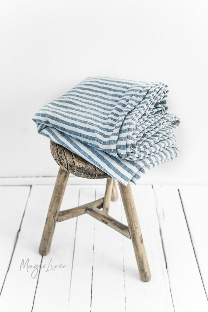 Striped in blue linen flat sheet