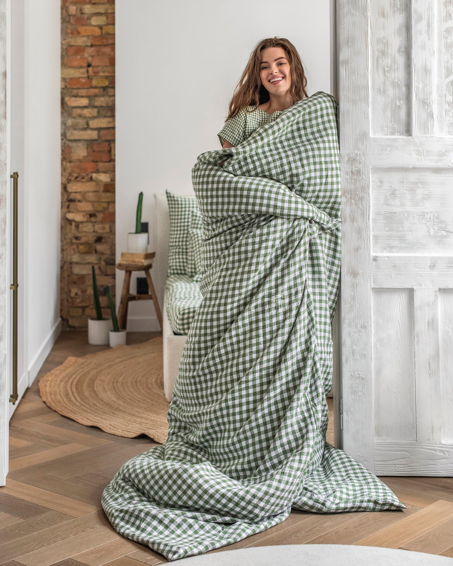 Forest green gingham linen duvet cover - MagicLinen