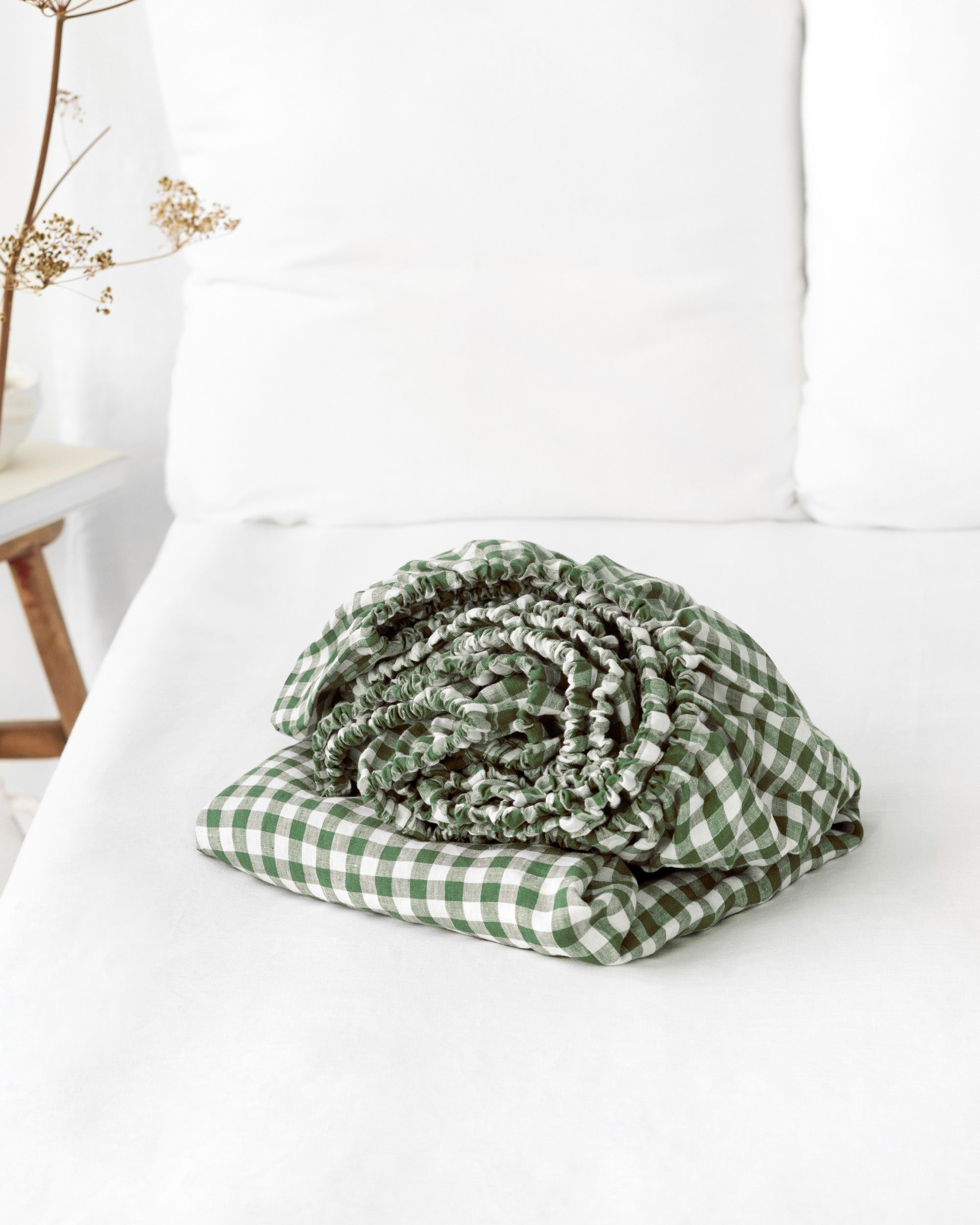 Waldgrünes Gingham-Leinen-Spannbettlaken